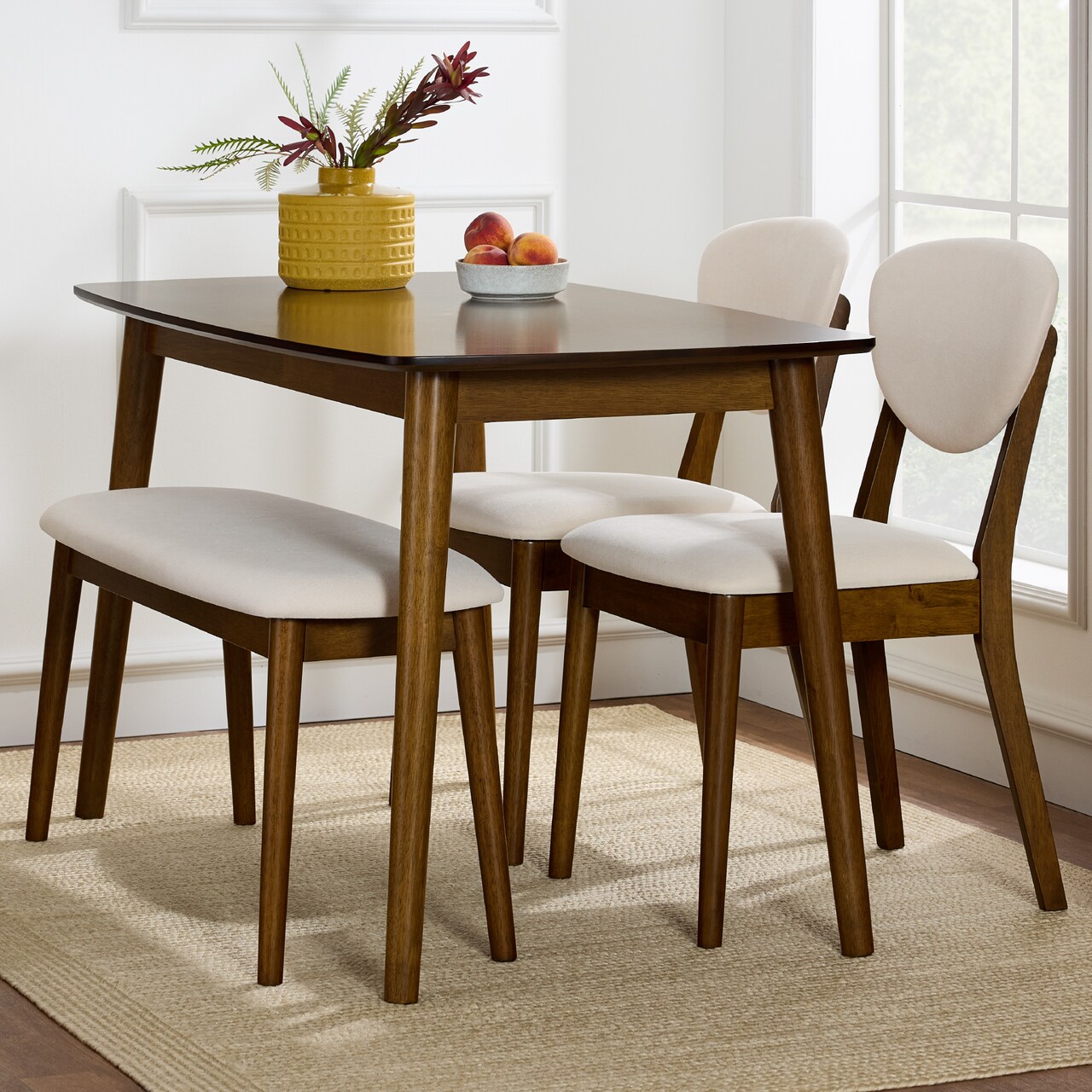 Best Choice Products 4-Piece Mid-Century Modern Upholstered Wooden Dining Set w/ 2 Chairs, Bench - Walnut/Cream